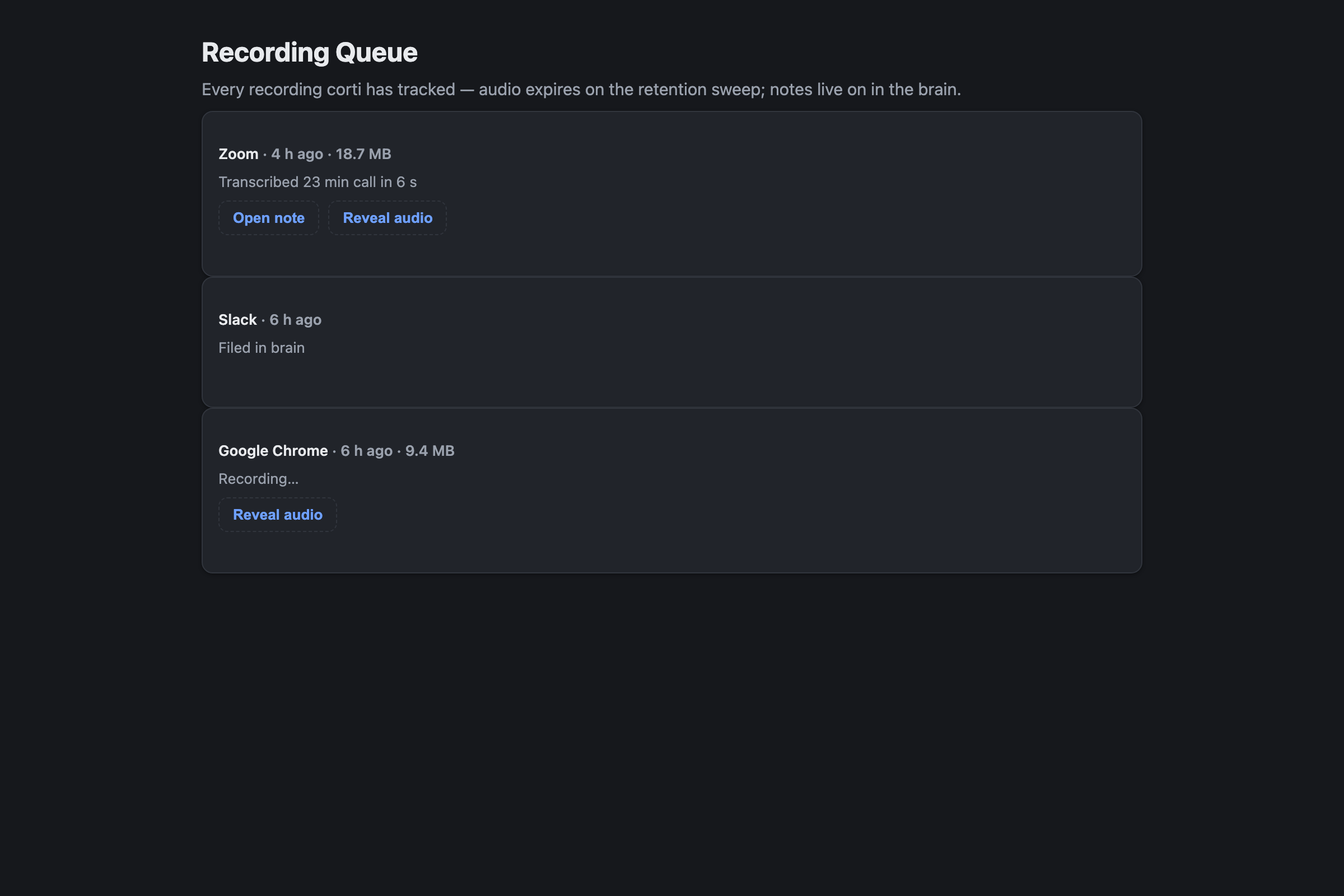 Corti recording queue with Zoom, Slack, and browser captures
