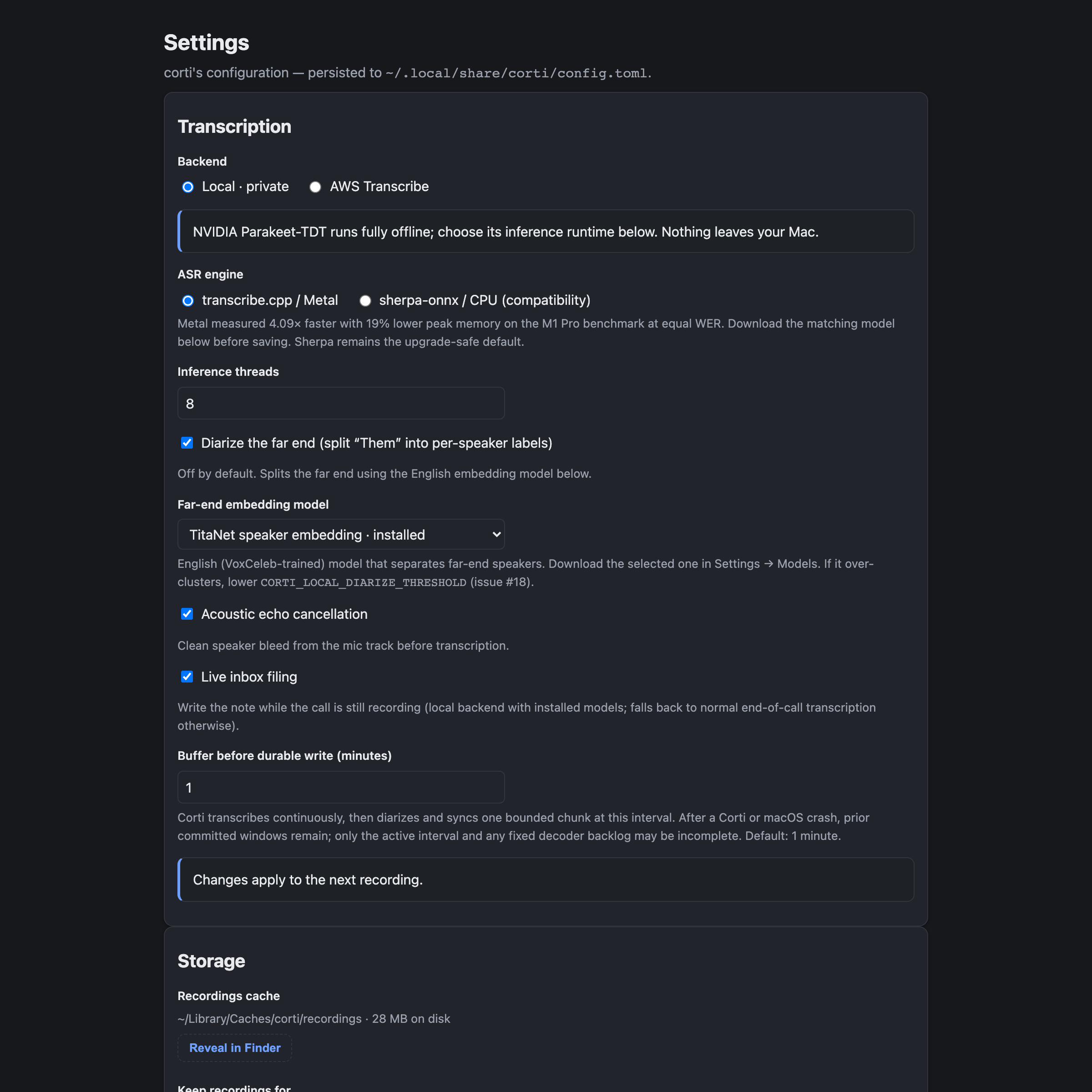 Corti settings configured for private local Parakeet transcription, Metal, diarization, echo cancellation, and live inbox filing